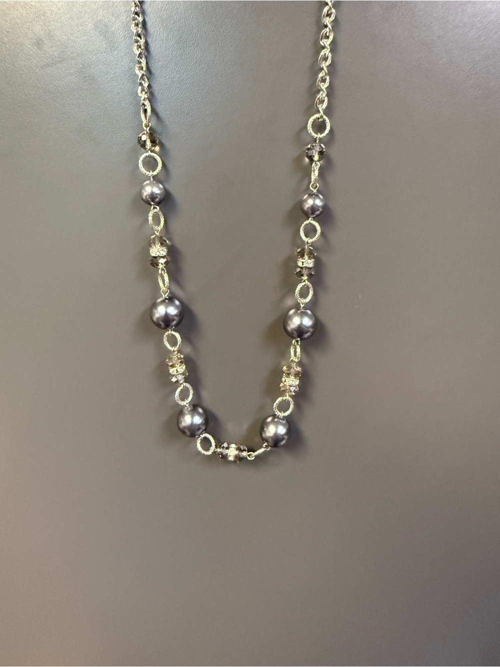Monet Silvertone  23” Gray Pearl and Crystal Station Necklace